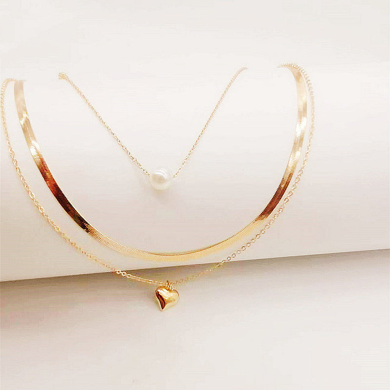 Layered Chain Pearl Heart Pendant Necklace