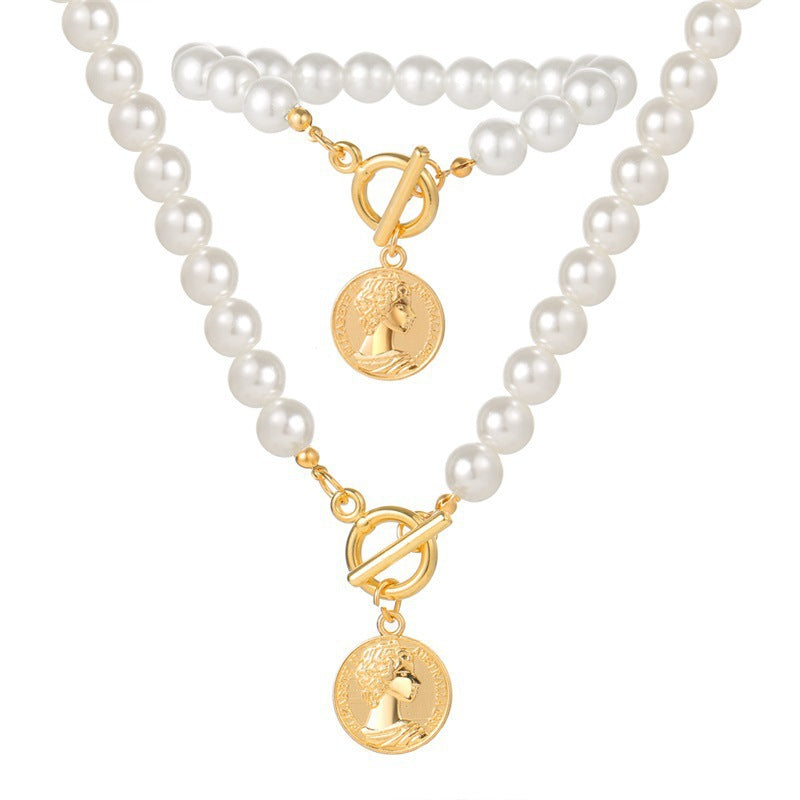 OT Clasp Lock Pearl Pendant Necklaces Gold Coin Charms