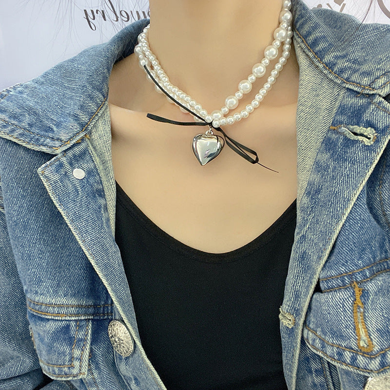 Black Ribbon Bowknot Heart Pendant Necklace