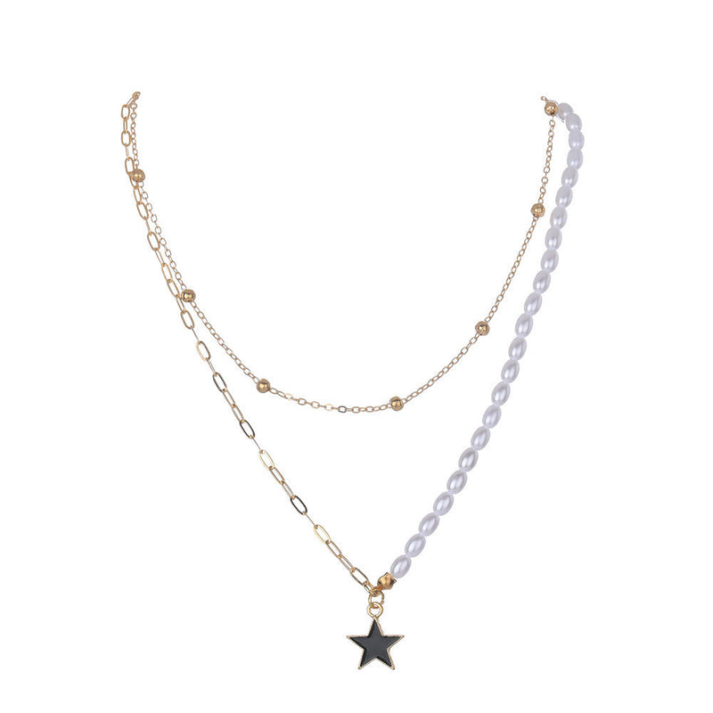 Double Layer Pearl Paperclip Chain Star Pendant Necklace Jewelry