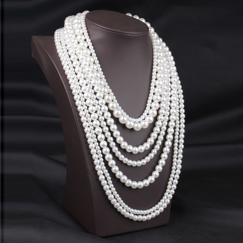 White Statement Pearl Bead Multi Layered Long Necklace Strand
