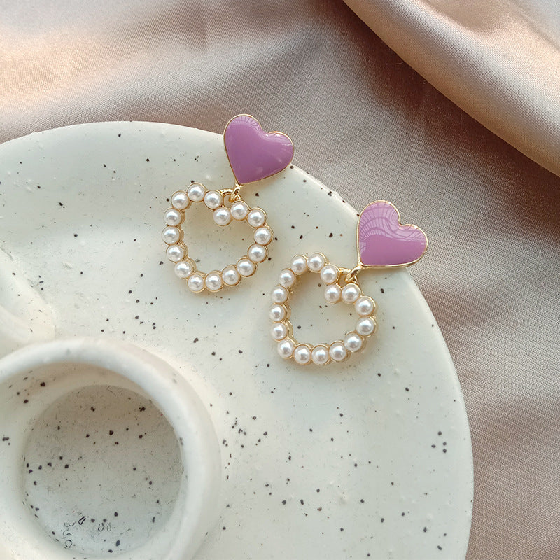 Sweet Heart Earrings Geometric Hollow Love Pearl Earrings