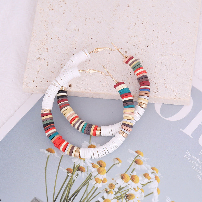 Bohemian Handmade Mix Color Plymer Clay Hoop Earrings