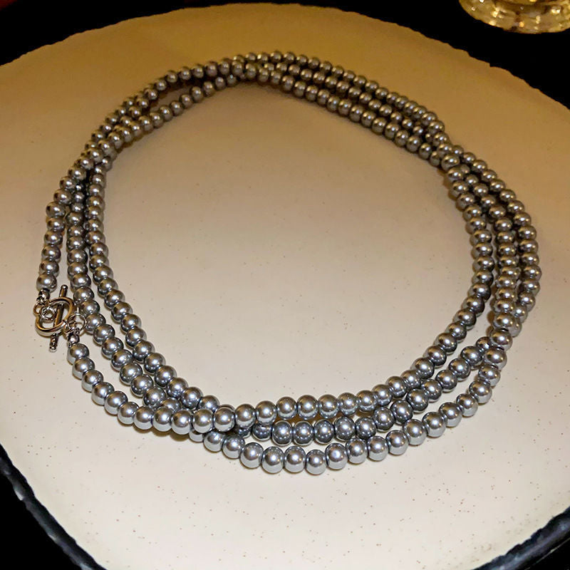 Gray Long Multi-layered Grey Pearl Necklace for Women