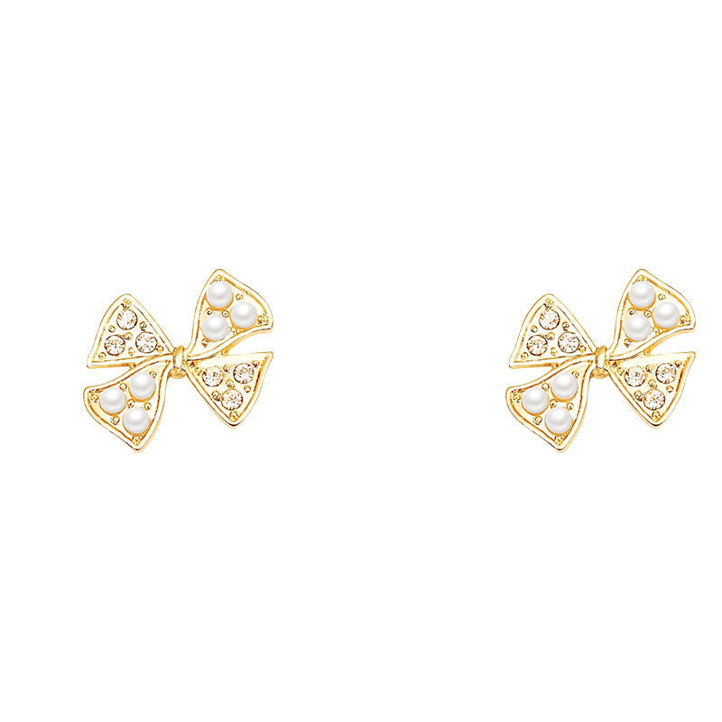 Elegant Pearl Rhinestone Bow Stud Earrings