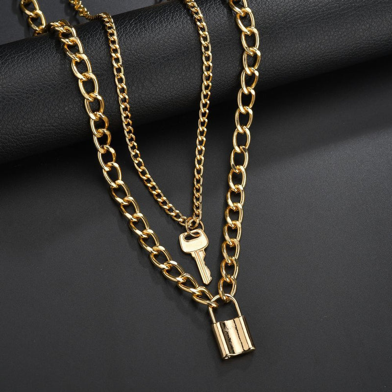 Multi Layer Lock Pendent Geometric Necklace