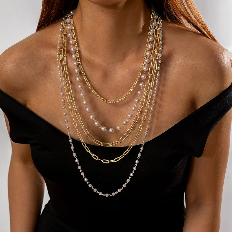 Layer Pearl Necklace Long Chain Necklace