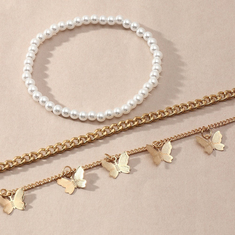 Layered Foot Chain Cuban Link Anklet Pearl Butterfly Ankle Bracelet