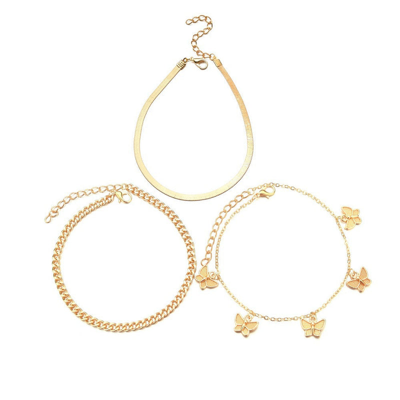 Figaro Chain Geometric Anklet Women Butterfly Tassel Multilayer Foot Chain