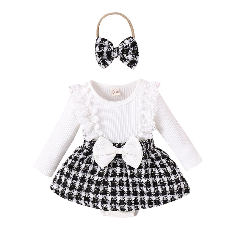 Long Sleeve Stitching Woven Style Plaid Skirt Bow Romper