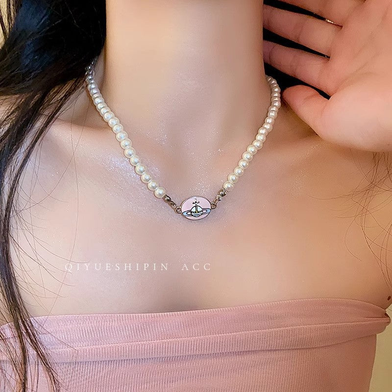 Pink Color Pearl Saturn Necklace