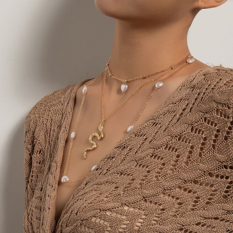 Multi Layer Fashion Chain Pearl Snake Necklace