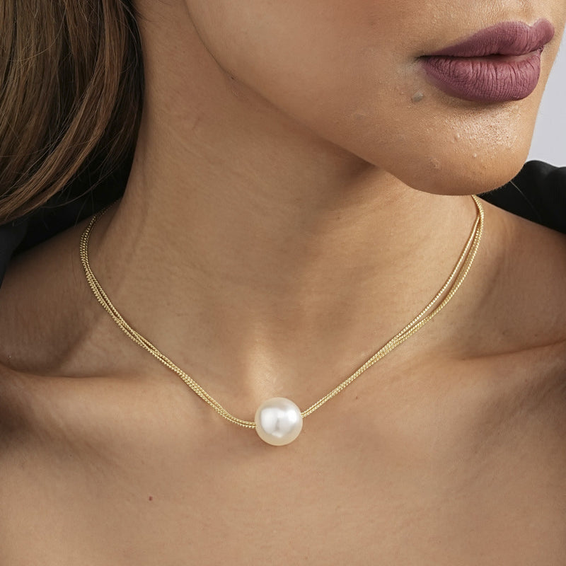 Double Layer Chain Necklace Big Pearl