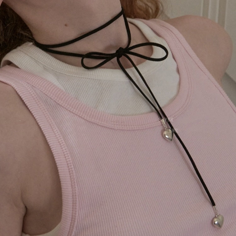 Elegant Long Black Bow Ribbon Heart Necklace