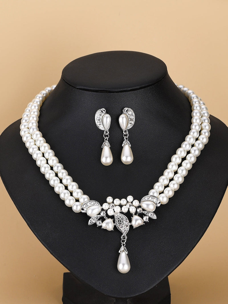 Pearl Crystal Necklace Drop Earrings Jewelry Set
