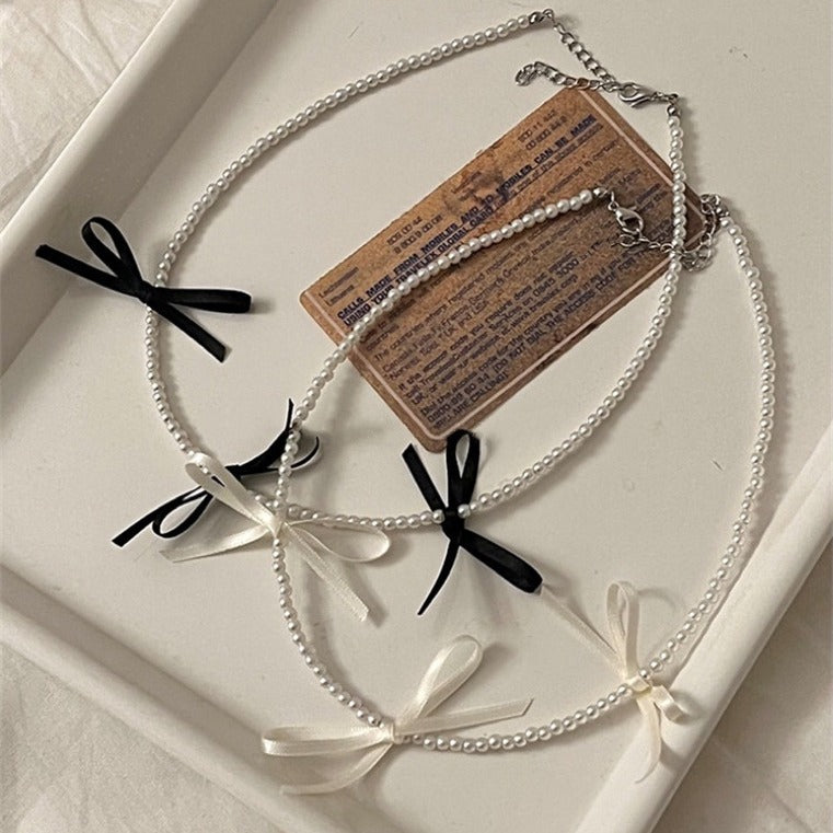 Faux Pearl Necklace Fashion Jewelry Sweet Girls Ribbon Bow Choker