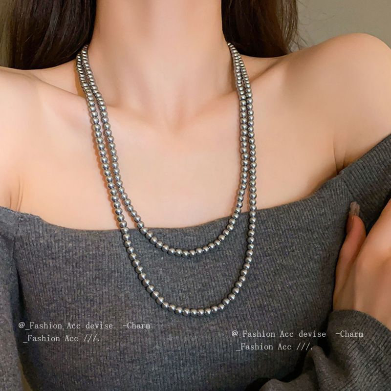 Gray Long Multi-layered Grey Pearl Necklace for Women