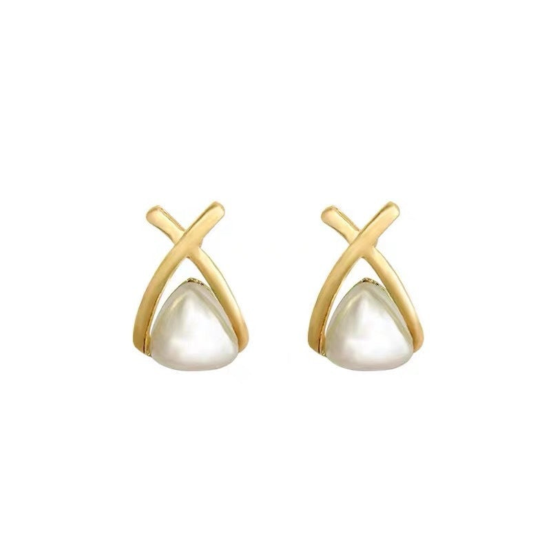 Geometric Triangle Pearl Stud Earrings