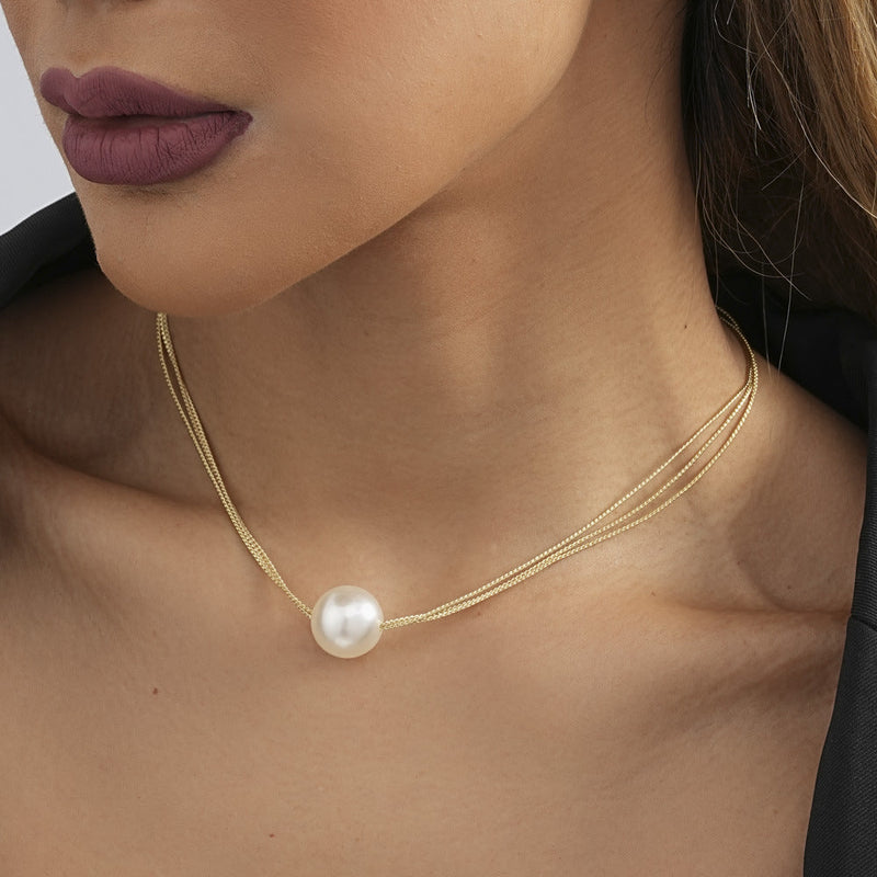Double Layer Chain Necklace Big Pearl