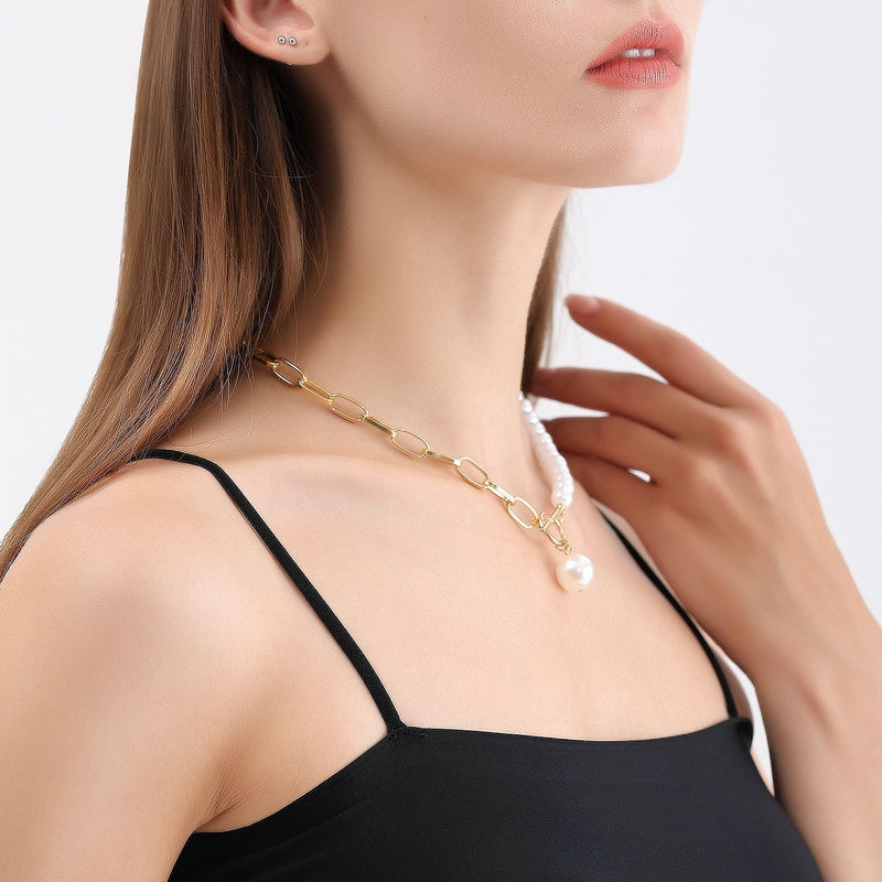 Pearl Necklace Sweater Gold Chain with Toggle Clasp