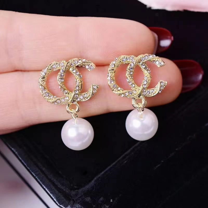 Imitation Pearl Pendant CC Stud Earrings