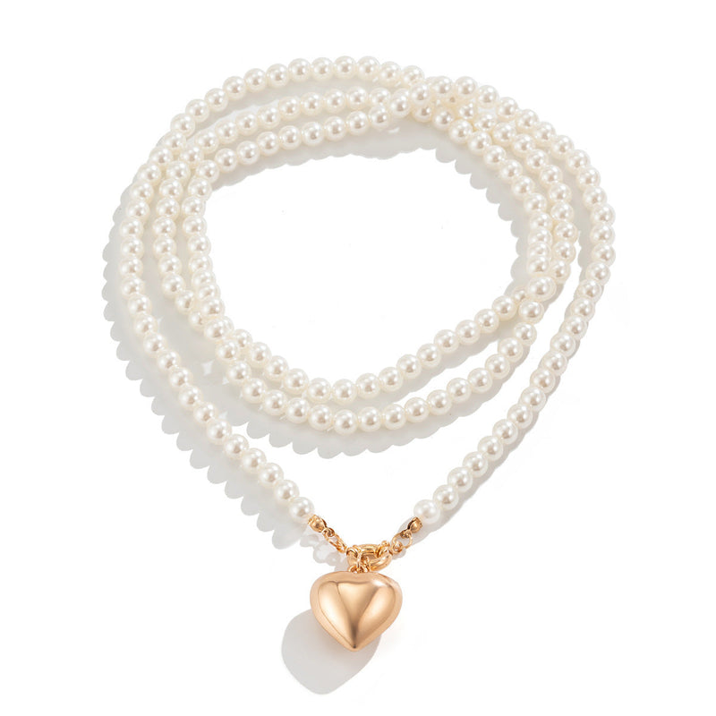 Imitation Pearl Multilayer Choker Necklace for Women Elegant Heart Pendant Necklace