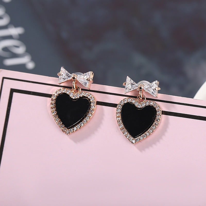 Black Crystal Rhinestone Heart Stud Earrings