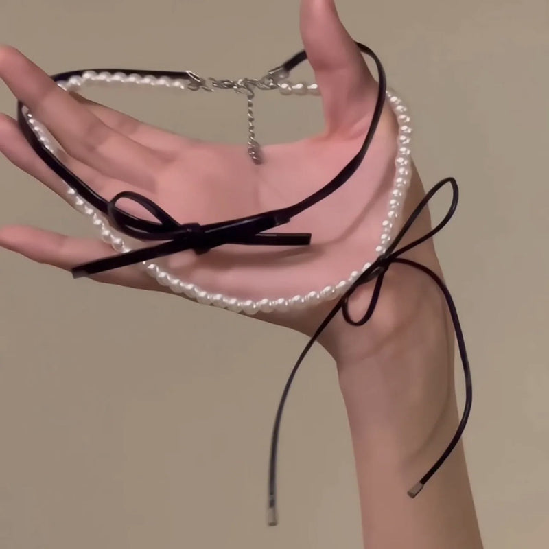 Double-layer Pearl Leather BowKnot Collar Necklace