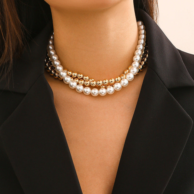 Beaded Pearl Necklace Imitation Pearl Multi-layer Necklace for Women