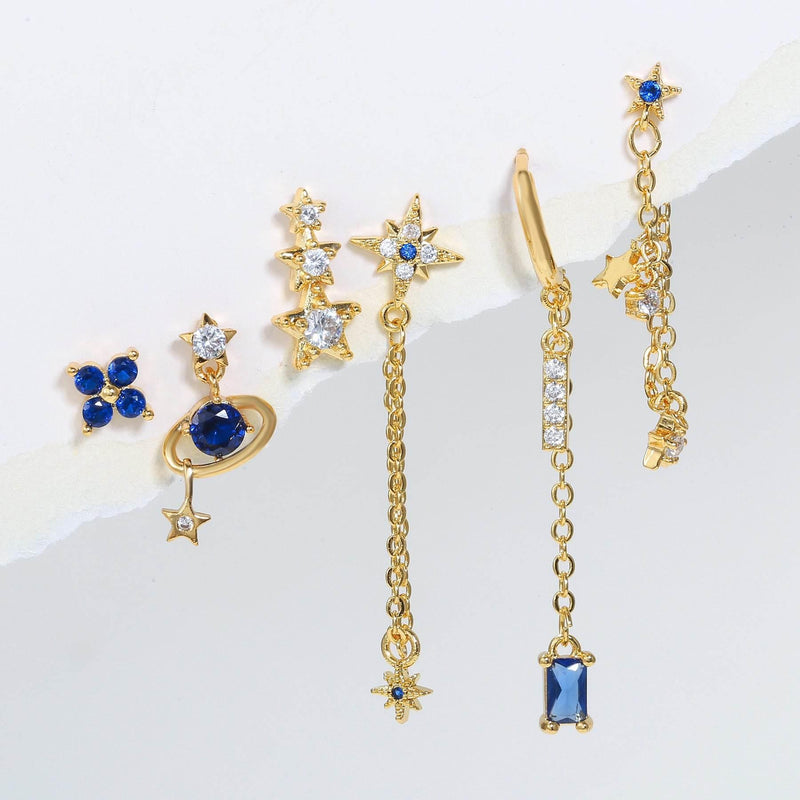 Stacking 6 Pieces Planet and Long Tassel Earring Set with Micro-Pavé Dazzling Zircons, 18k Gold Plated Ear Studs & Ear Drops, Stacked Lobe Design