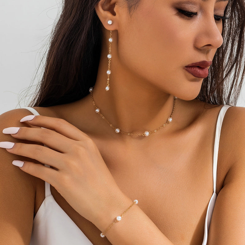 Elegant Imitation Pearl Chain Wed Bridal Jewelry Set