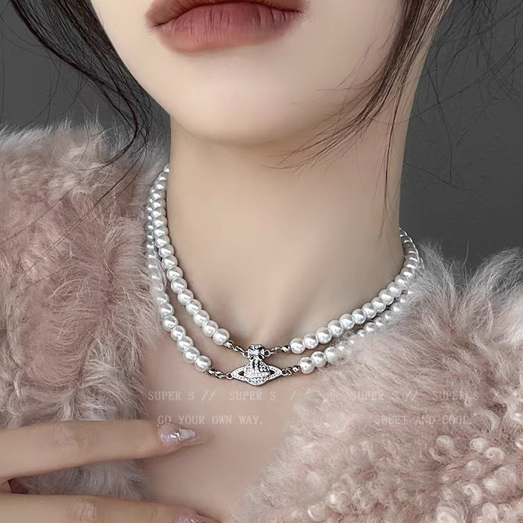 Double Pearl Saturn Magnetic Buckle Necklace