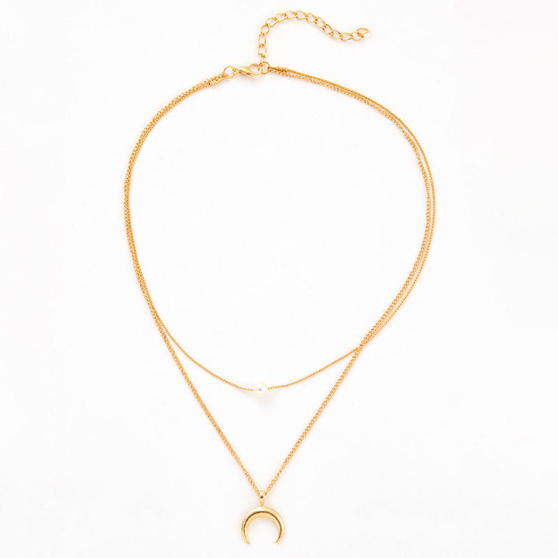 Double Layer Crescent Pearl Pendant Necklace