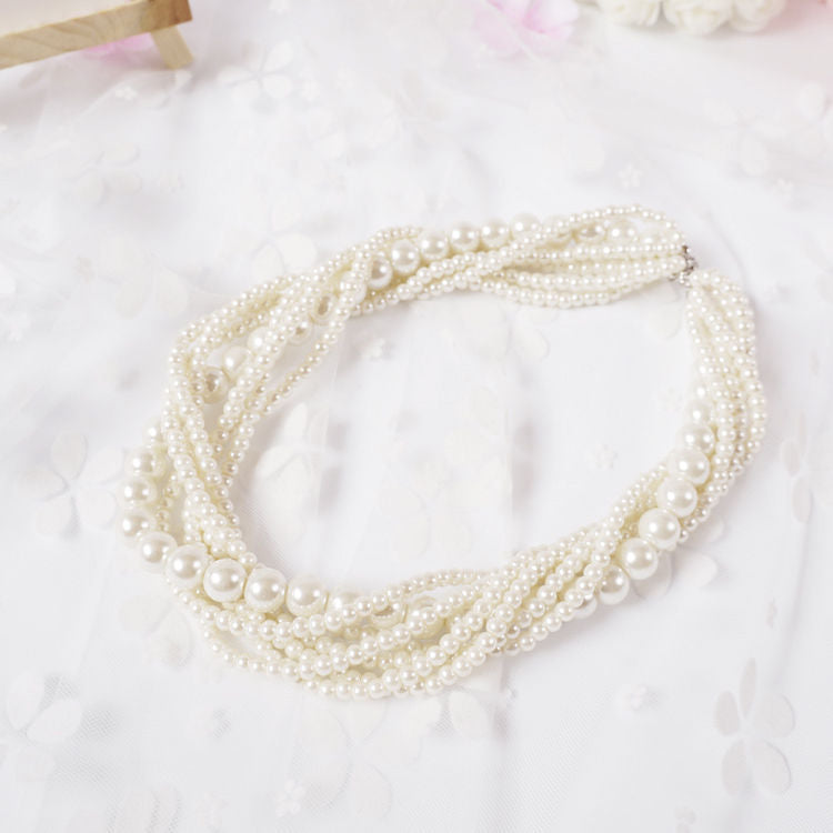 Vintage Choker Faux Pearl Multi Strand Twisted Necklace