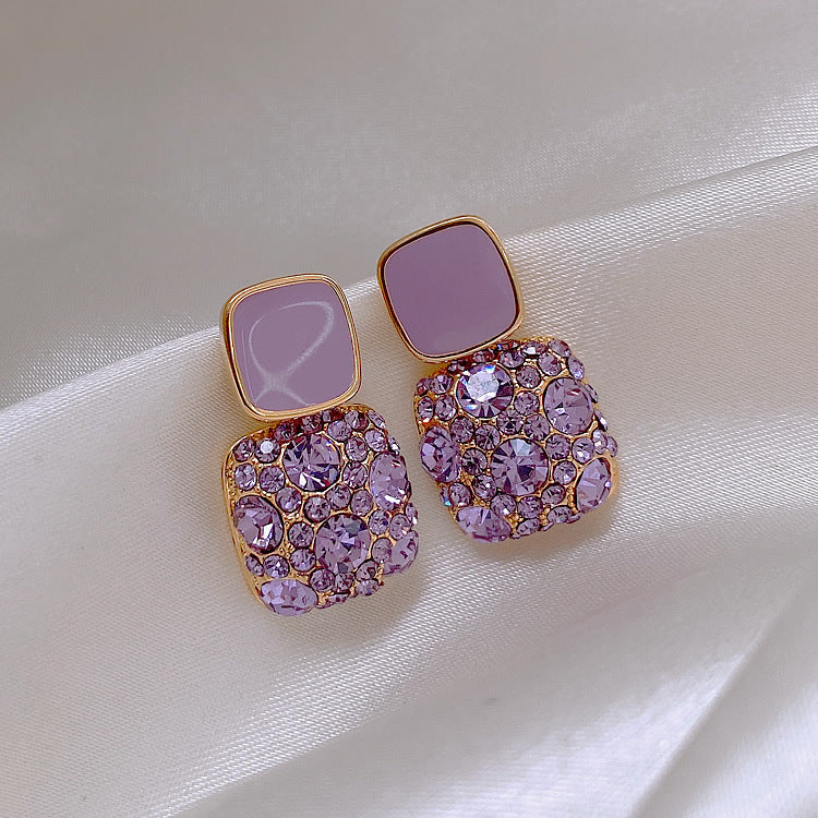 Purple Square Crystal Rhinestone Earrings