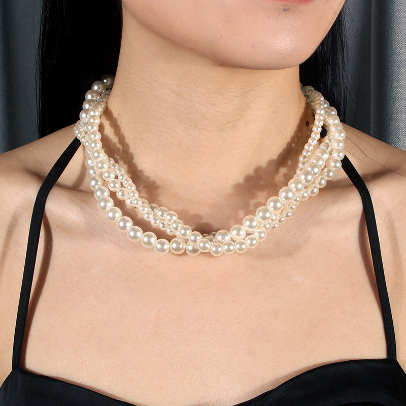 White Pearl Necklace Womens Multi Strand Pearl Choker Necklace Jewelry Set