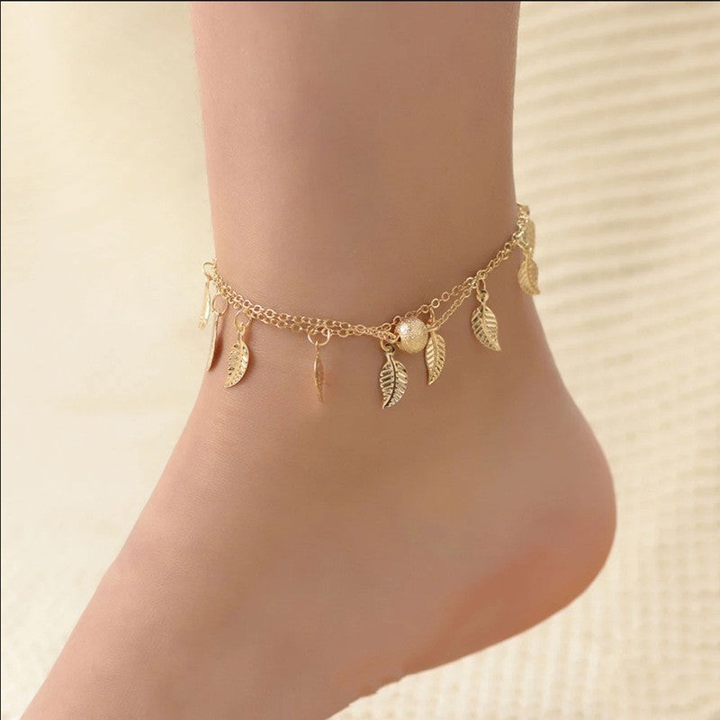 Beach Leaf Shape Layered Tassel Foot Chain