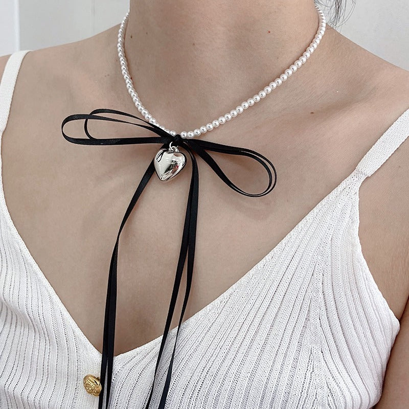 Ribbon Bow Silver Heart Pendant Pearl Choker
