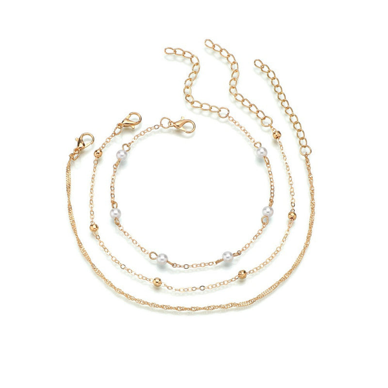 Bohemia Pearl Layer Chain Anklets Set