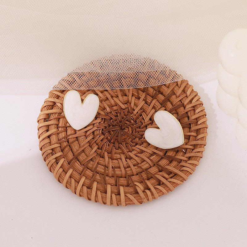 White Enamel Heart Love Stud Earrings