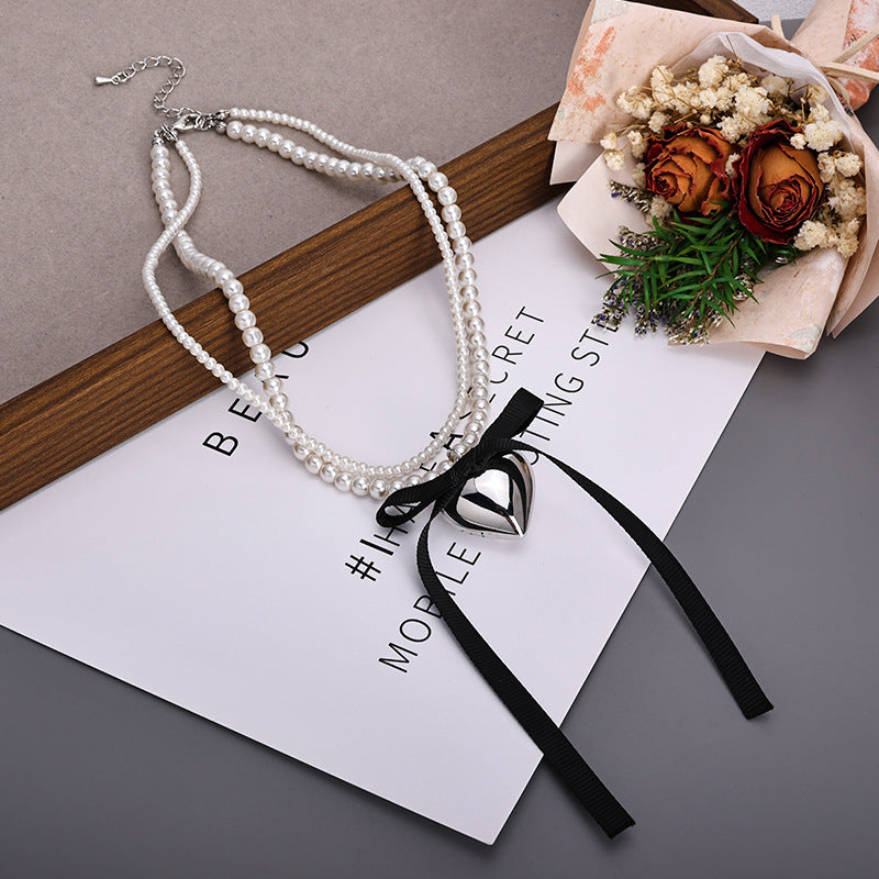 Vintage Love Charm Double Layer Pearl Choker Necklace Ribbon Bow