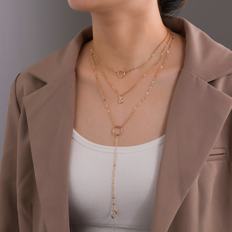 Double Layer Chain Geometric Ring Pendant Necklace