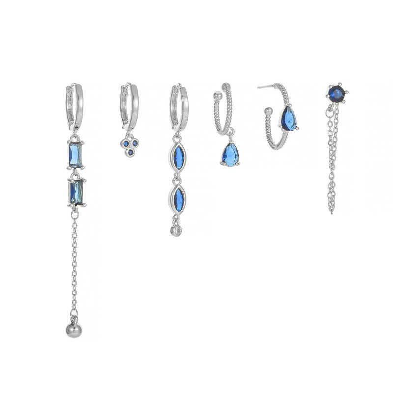 Stacking 6 Pieces Long Tassel Vintage Earring Set with Micro-Pavé Dazzling Blue Zircons, 18k Gold Plated Ear Studs & Ear Drops, S925 Needle, Stacked Lobe Designs with Dazzling Zirconia