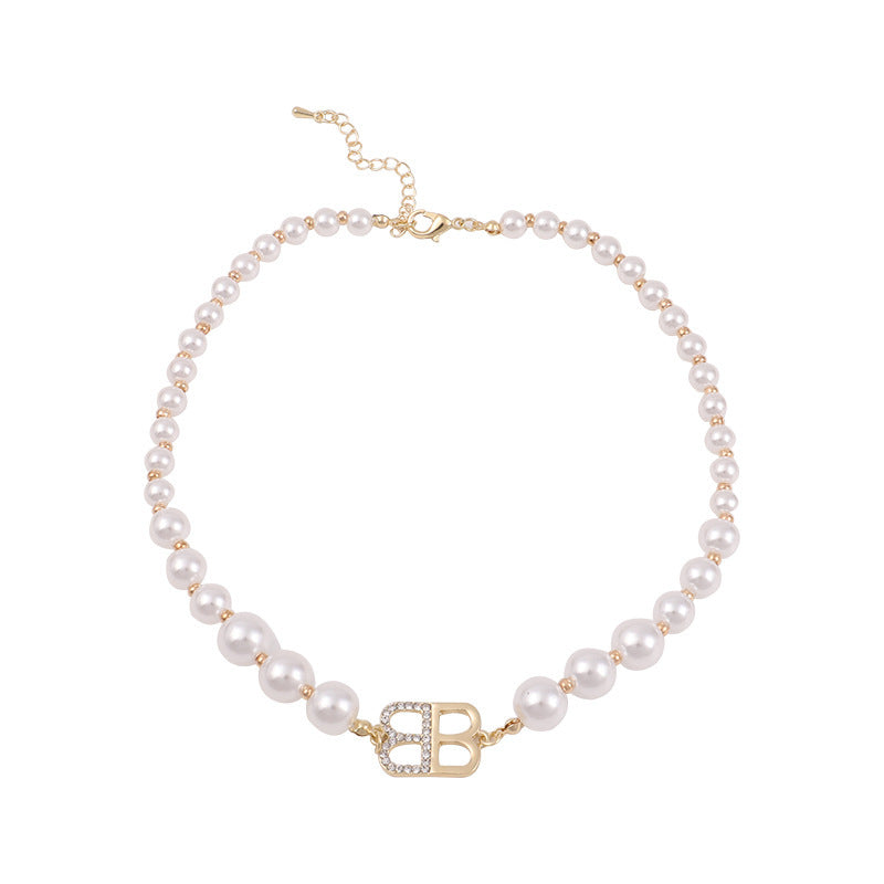 Fashion Imitation Pearl Beads Chain Letter B Pendant Necklace