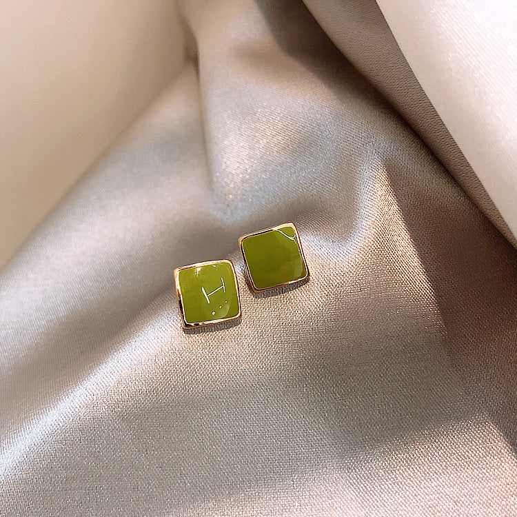 Green Enamel Geometry Square Stud Earrings