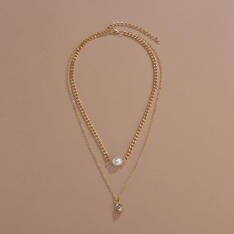 Rhinestone Pearl Round Double Layer Necklace