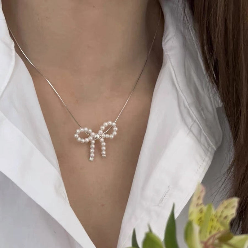 Imitation Pearl Bow Necklace Butterfly Knot Jewelry