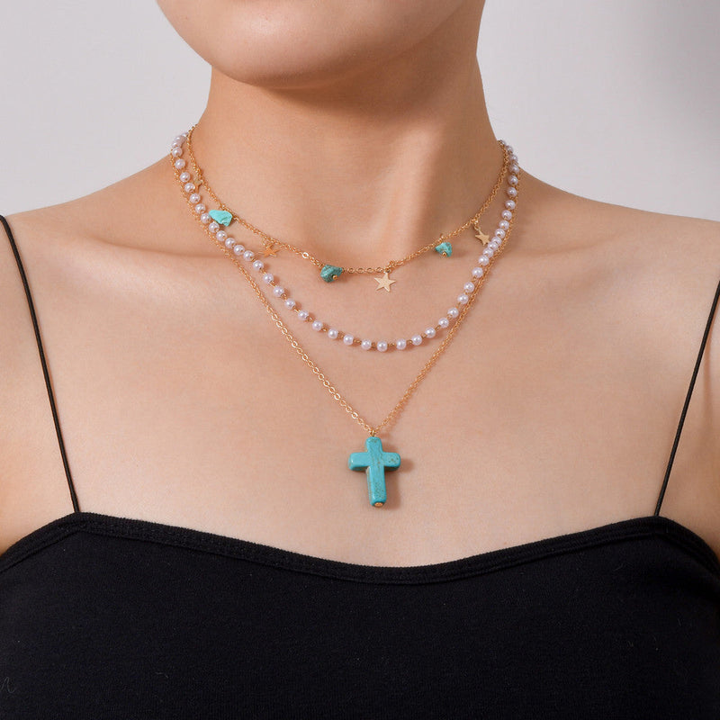 Turquoise Cross Pendant Stars Stone Pearl Multi-Layered