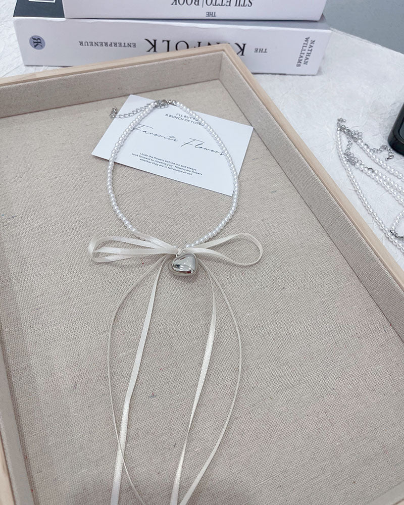 Ribbon Bow Silver Heart Pendant Pearl Choker