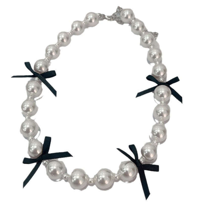 Ribbon Bow Necklace Women's Love Pearl Bead Layered Necklace